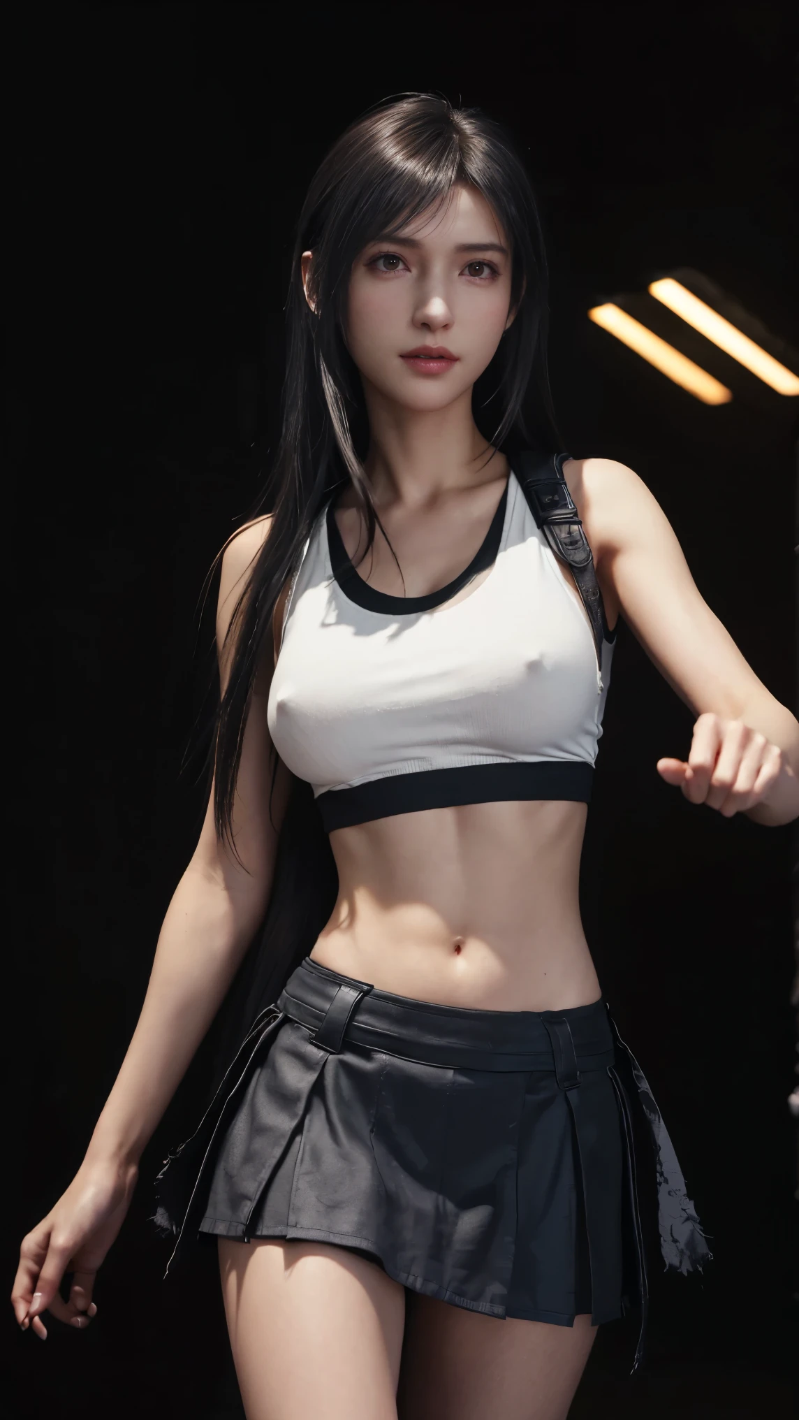 8K, Top Quality, Intricate Details, Ultra Detail, Ultra High Resolution, Masterpiece, close up shot, (full body: 1.1), Slender, Smile, (Makeup: 0.4), (walking), (Fluffy Eyes: 1.21), ((bangs)), 1girl, solo, 1 girl, (((red eyes, black hair, bangs, long hair)), ((Tifa,Tifa・lockhart,Final Fantasy 7,FF7,l)), close up shot, , ((tall)), (((fit body))), (((slim face))), sharp face, ((torn top, torn miniskirt)) , (detailed face), sharp face, small lips, ( walking), walk pose, walking pose,
((, )), , ((,)), detailed face, detailed breast, large breast, ((detail nipples )), detail ass, Narrow Waist, Skinny, tall , 175 cm tall, Muscular, Navel, Exposed Abdomen, Pointed Chest,, Beautiful girl with accentuated slender abs: 1.4, Six Pack Abs: 1.4,, Perfect Body, detail leg, (( dark background)), black background,