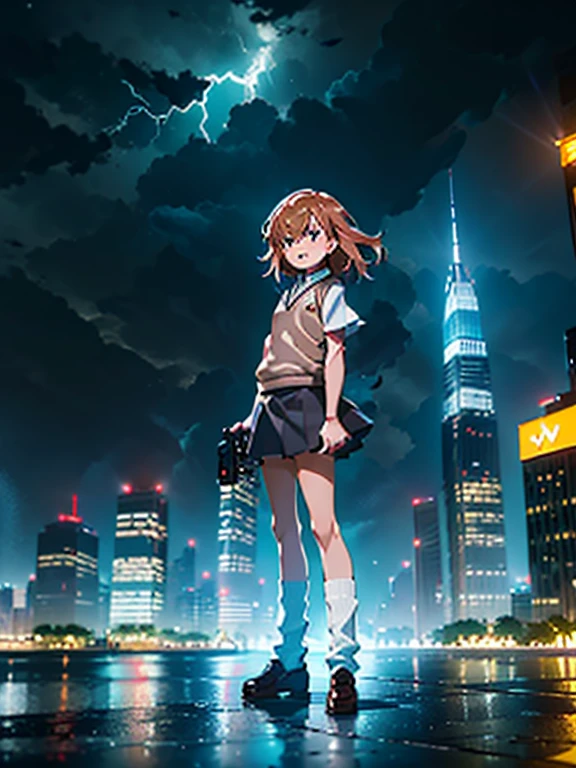 1girl, solo, , tokiwadai , shirt, white shirt, sweater vest, skirt, v-neck, pleated skirt, short sleeves, brown sweater vest, dress shirt, shorts, grey skirt, socks, collared shirt, shoes, loose socks, shorts under skirt, loafers, brown footwear, black skirt, short shorts , misaka mikoto, {{{{stun gun, holding stun gun}}}},:d, muzzle discharge masterpiece, best quality, standing,Urban, City, Skyscrapers, Skyline, Illuminated, Lightning, Thunderous, Bolts, Flashing, Glowing, Vibrant, Electric, Striking, Dynamic, Dramatic, Stormy, Urban sprawl, Nighttime, Silhouette, Energy, Excitement, Thriving, Fast-paced, Metropolis, Traffic, Neon lights, Reflections, Illuminated signs, Rain-soaked, Dramatic contrast, Impressive, Resilient, Towering, Spectacular, Impressive, Bustling, Unforgettable
Show more