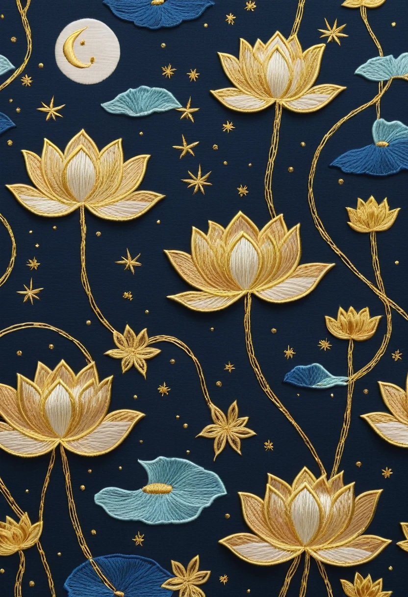  lotus, summer solstice theme, Chinese Embroidery Craft, Gold Plating, Flowing Gold, Minimal Color Field, Freehand, White Space, Organic Form, Simple  Background,Grand and noble，