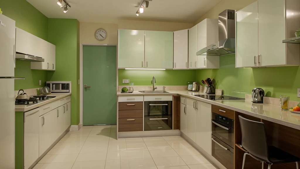 I need to replace a green background, For that I require a scene of a light-colored and modern kitchen.
