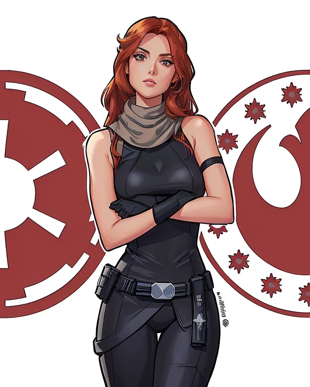 a cartoon of a woman in a black outfit with a star wars emblem, mara jade skywalker, mara jade, jaina solo, phil noto comicbook cover art, phil noto, phil noto comic art, inspired by Shog Janit, an imperial agent from star wars, solo female character, full color illustration, full color digital illustration, star wars character