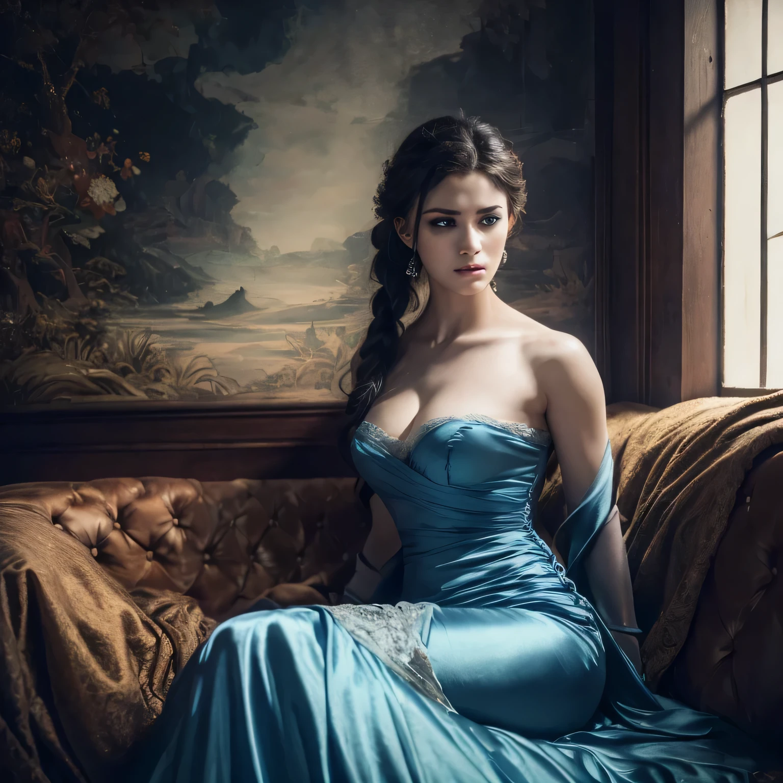 a very beautiful woman in a long silk dress, tied up and gagged, detailed facial features, beautiful blue eyes, long eyelashes, delicate lips, flawless skin, elegant pose, intricate silk dress, soft lighting, dramatic shadows, cinematic composition, photorealistic, (best quality, 4k, 8k, highres, masterpiece:1.2), ultra-detailed, (realistic, photorealistic, photo-realistic:1.37), dramatic lighting, moody atmosphere, dark fantasy, gothic