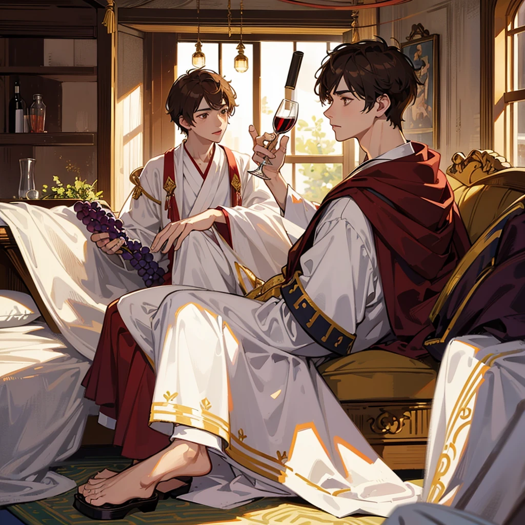 two males, sexy greek robes, penis, cute, pretty faces, ancient bedroom, wine, grapes