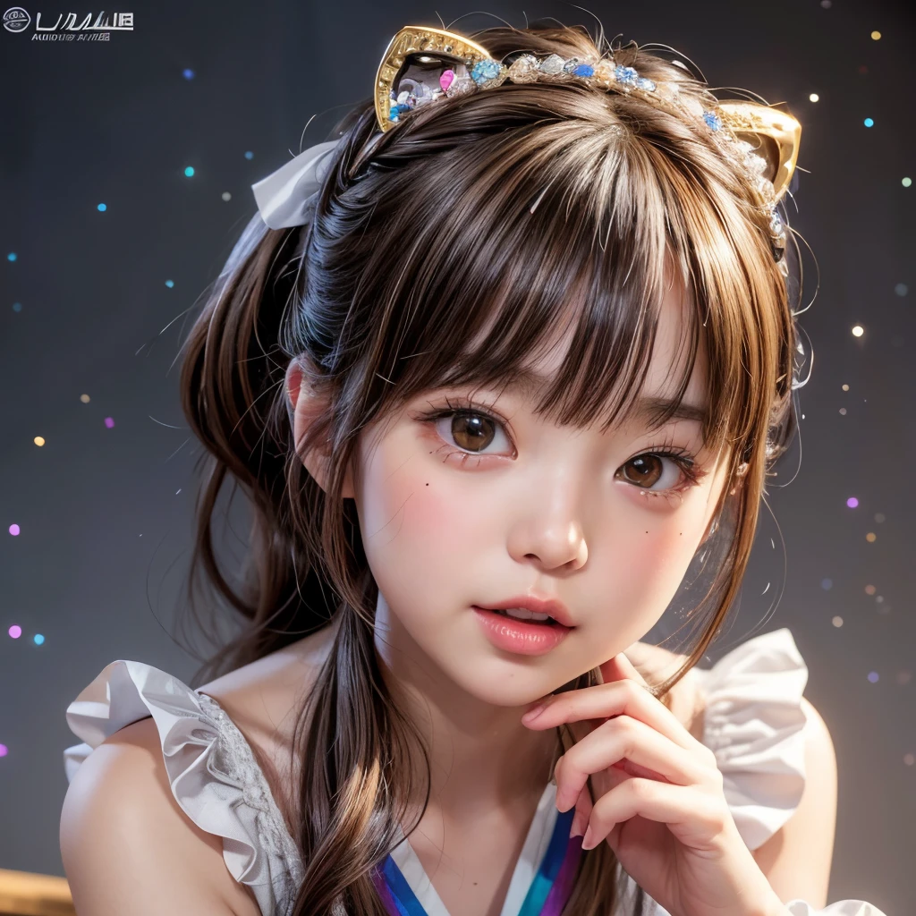 NSFW, 8K, High-level, absurD, masterpiece, best quality, primitive, very DetaileD CG, very DetaileD wallpaper, perfect lighting, Extremely DetaileD (((The personifying " Hanshin Tigers " as a Little Girl))), MysticSight, TynDall effect, TynDall scattering, StuDio gray backgrounD with (many Dazzling RainbowColor particles BokeH:1.28), (RounDlyButts, ThighGap), (ExposeD:0.4), (Assfocus with looking aheaD), BREAK (NOGIZAKA face variations) Extremely DetaileD very KAWAII face variations, perfect anatomy, ChilDish, captivating gaze, elaborate DetaileD Eyes with (sparkling highlights:1.28), long eyelashes、Glossy RED Lips with beautiful Details, Coquettish tongue, Rosy cheeks, RaDiant PearlSkin with clear transparency . { (Dynamic LifeLike expressions:1.4) | :D) }, (large eyes:-1) .