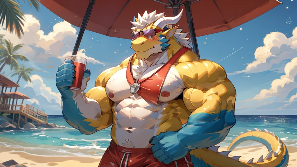 male, anthro, muscle, (kemono), (dragon), yellow body, blush, red swimwear, lifeguard, sunglasses, beach, half length portrait, white mane, horns, by bara, detailed background, light particles, hi res, bara