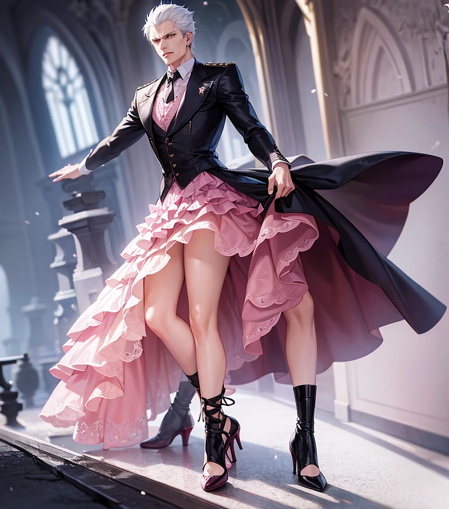 Vergil from Devil may cry Wearing a pink Lacy skirt and high heels