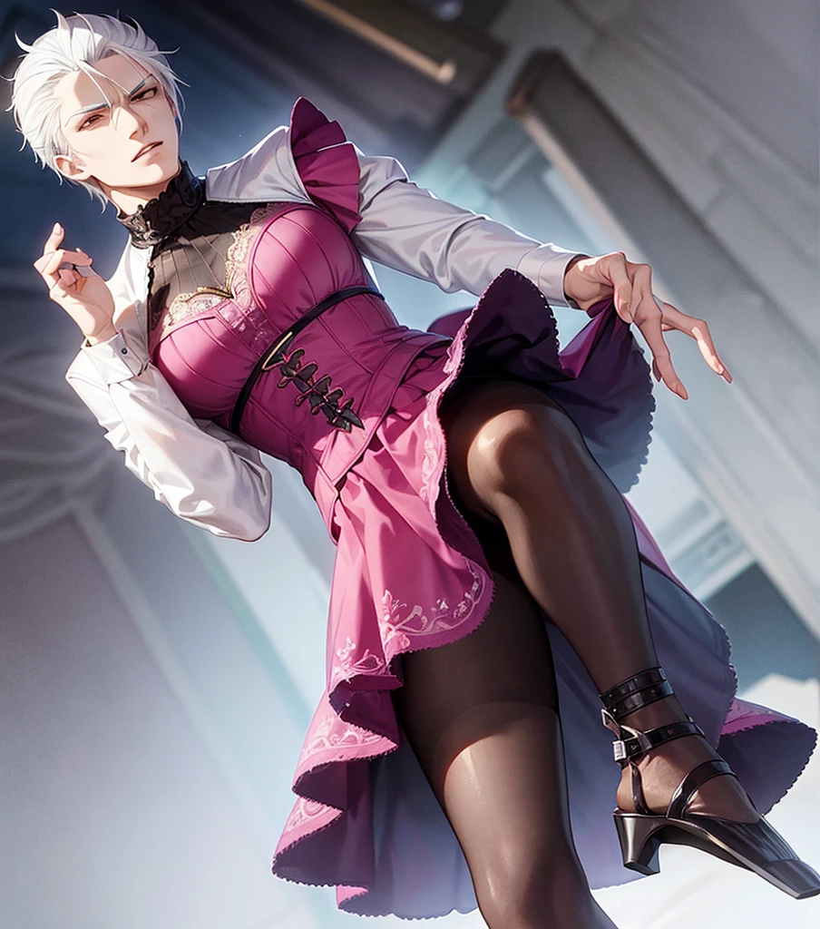 Vergil from Devil may cry Wearing a pink skirt and high heels