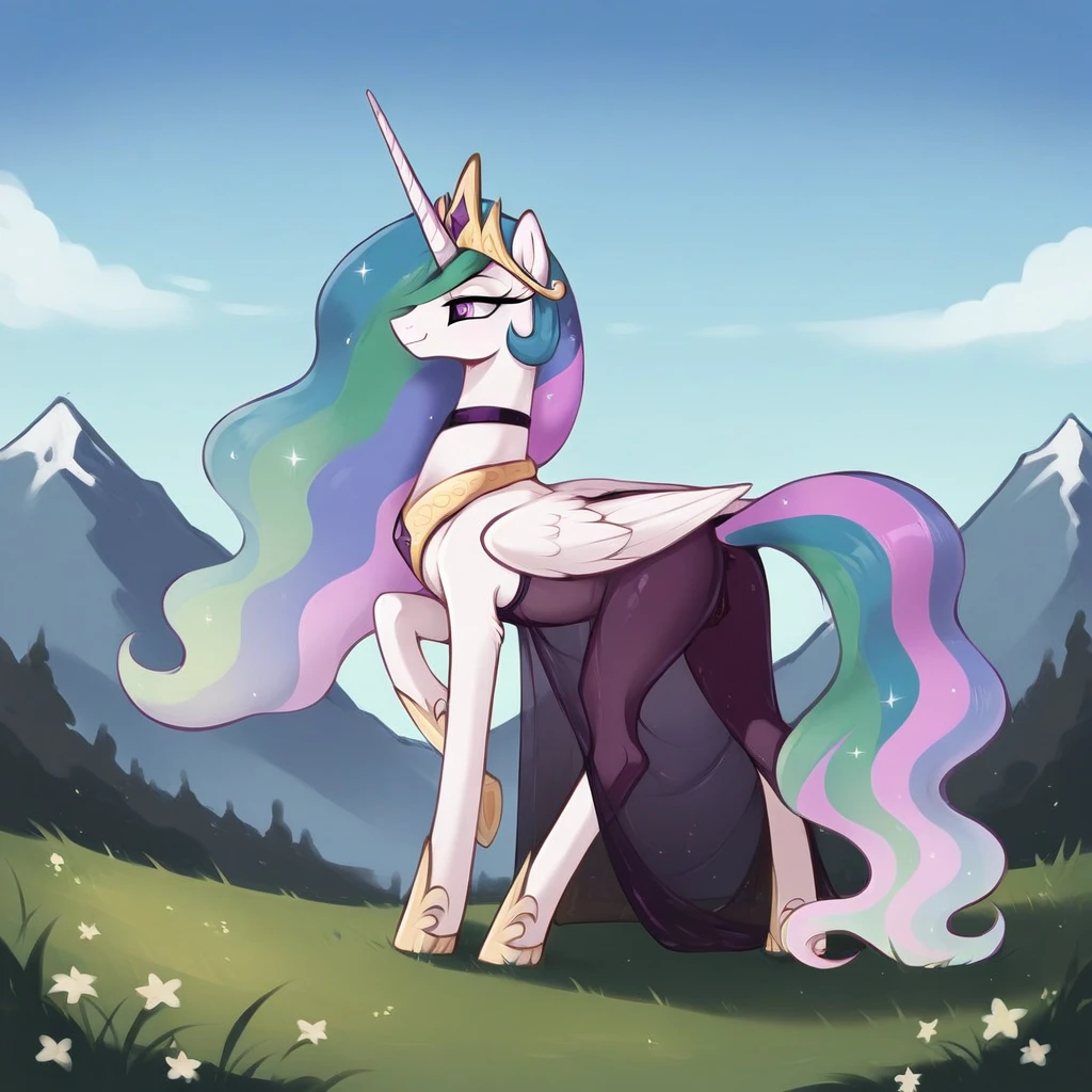 score_9, score_8_up, score_7_up, score_6_up, score_5_up, score_4_up, rating_explicit, outdoors, purple (see through dress and neck choker), solo, feral pony, princess celestia, evil smile, closed mouth,BREAK mountain, day, sky, flower, mountainous horizon, blue sky, grass