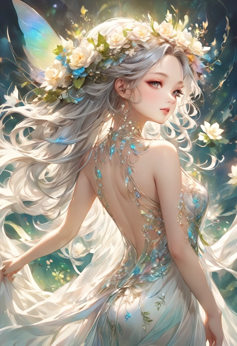 
       ( perfect anatomy ) A girl in a white evening dress looks back，Silver hair with flowers, Elegant long silk evening gown(smooth),

               White long hem evening dress, Elegant silk evening gown, Ethereal Beauty,  Stunning young figure. Beautiful ethereal fantasy. Beautiful rendering. Elegant and beautiful girl. Brilliant and gorgeous effect. Excellent body proportions. Delicate and dynamic. actual. Ultra-detailed digital art style. 