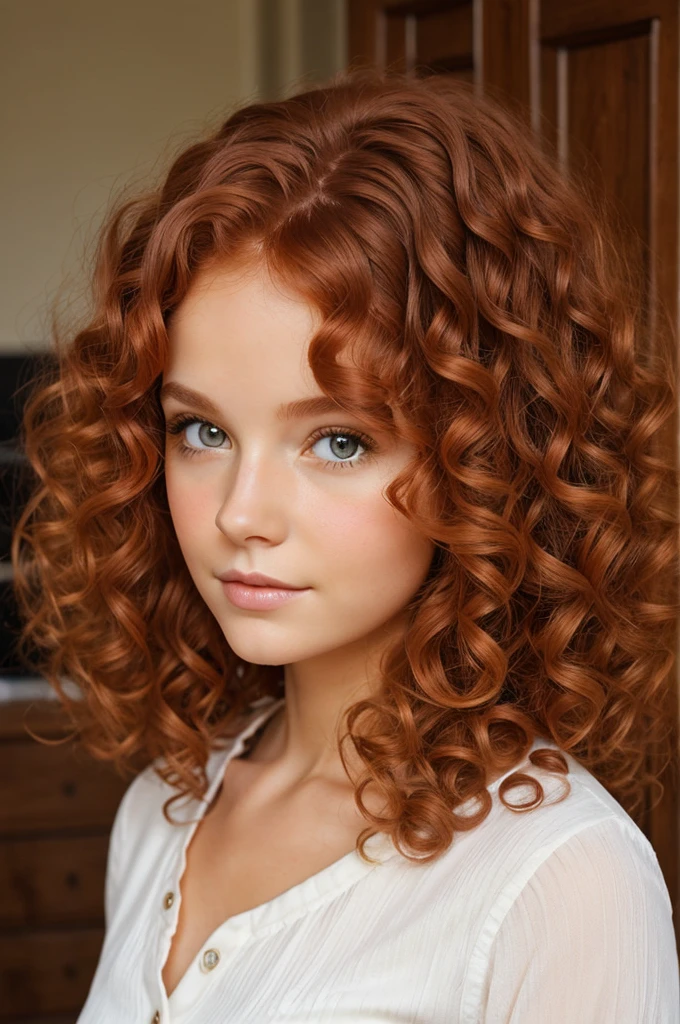 Create a white-skinned girl with curly copper-colored hair. 