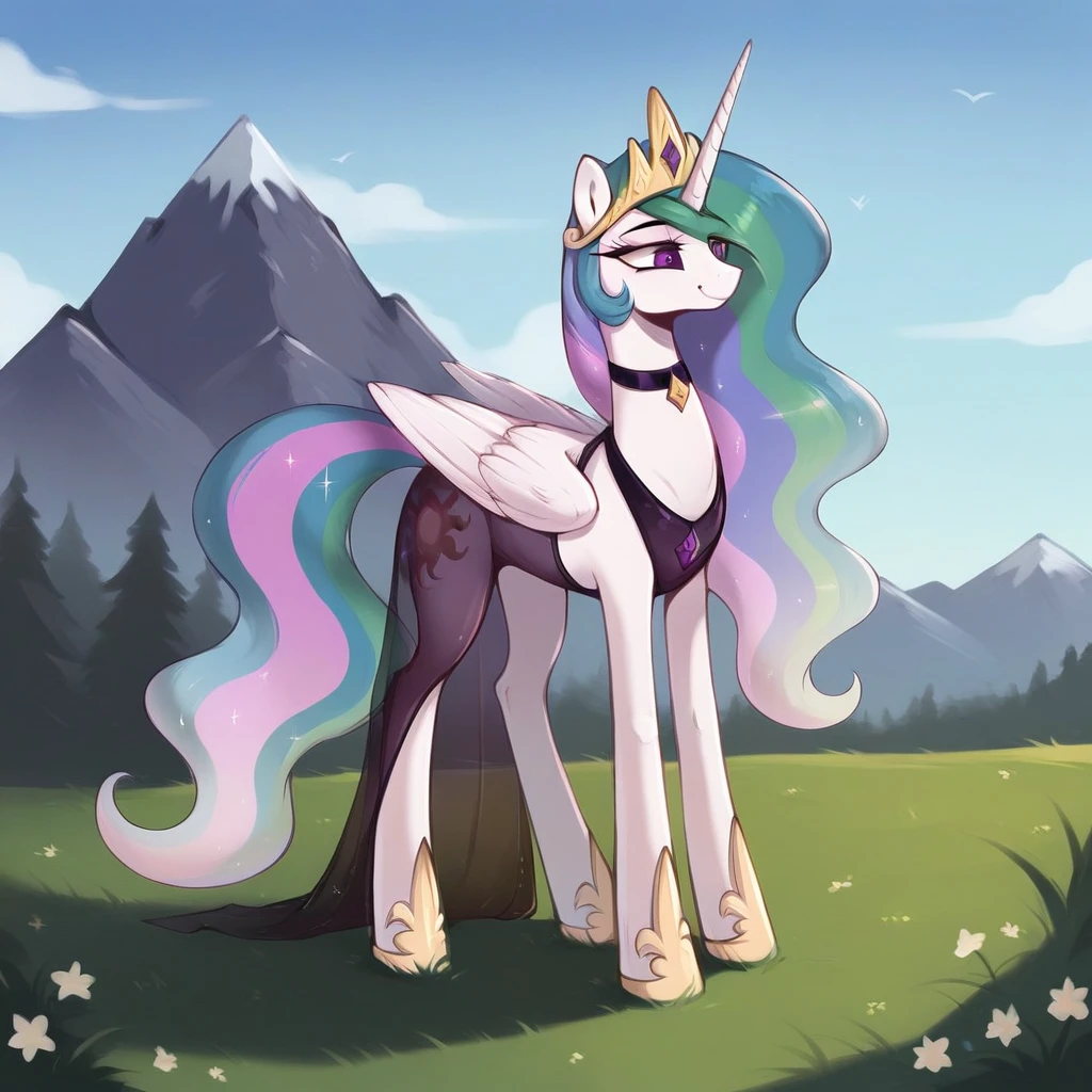 score_9, score_8_up, score_7_up, score_6_up, score_5_up, score_4_up, rating_explicit, outdoors, purple (see through dress and neck choker), solo, feral pony, princess  celestia, evil smile, closed mouth,BREAK mountain, day, sky, flower, mountainous horizon, blue sky, grass 