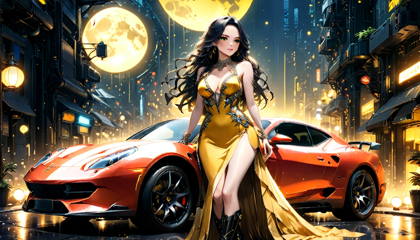 a picture of a female model wearing an evening dress standing near a red sports car, glamorous model woman, black hair, long hair, wavy hair, beautiful green eyes, she wears a ((yellow evening dress: 1.5)), elegant, intricate detailed dress, silk dress, small cleavage, she wears elegant knee high heeled boots, exquisite knee high heeled boots, standing near a ((red sports car: 1.5)), in a cyberpunk street an night background, moon, stars, lamp light,  (Masterpiece: 1.5), 16k, highres, best quality, high details, ultra detailed, masterpiece, best quality, (extremely detailed), LU, drkfntasy