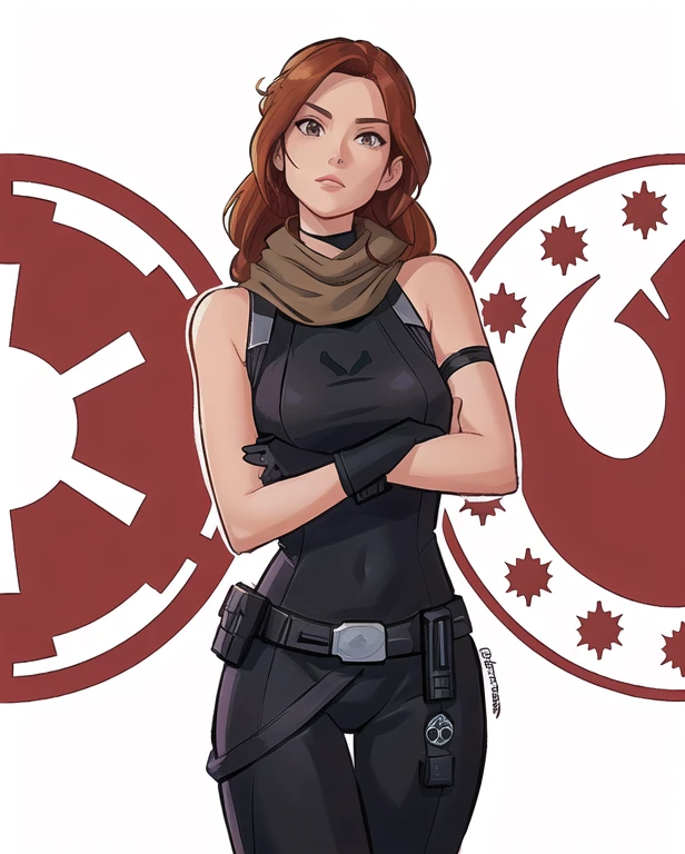 a cartoon of a woman in a black outfit with a star wars emblem, mara jade skywalker, mara jade, jaina solo, phil noto comicbook cover art, phil noto, phil noto comic art, inspired by Shog Janit, an imperial agent from star wars, solo female character, full color illustration, full color digital illustration, star wars character
