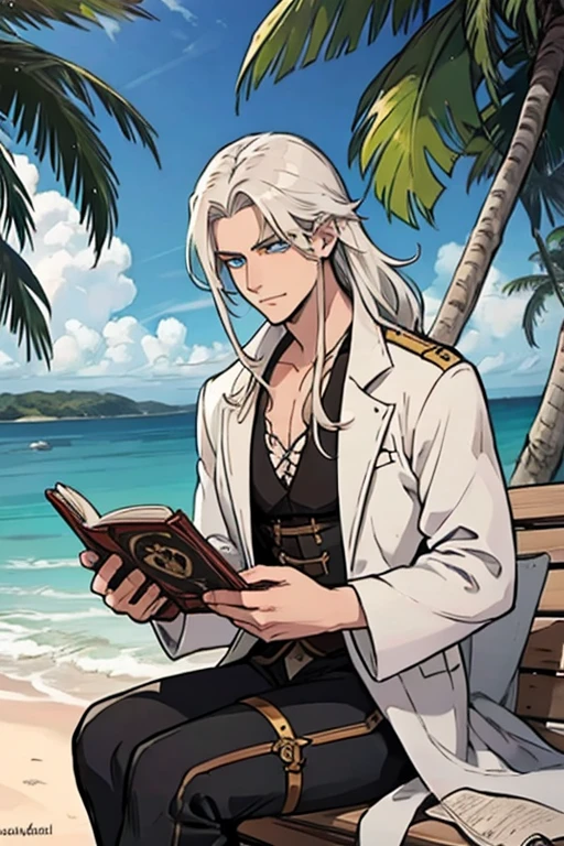 A young white haired man with blue eyes and long hair in a pirate's outfit is reading a  map on a tropical beach