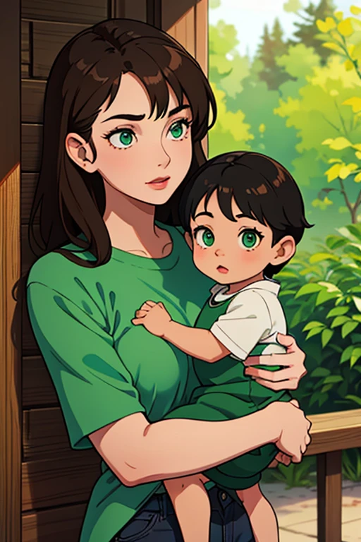 a ******** with green eyes and black hair next to his mother who has green eyes and brown hair 