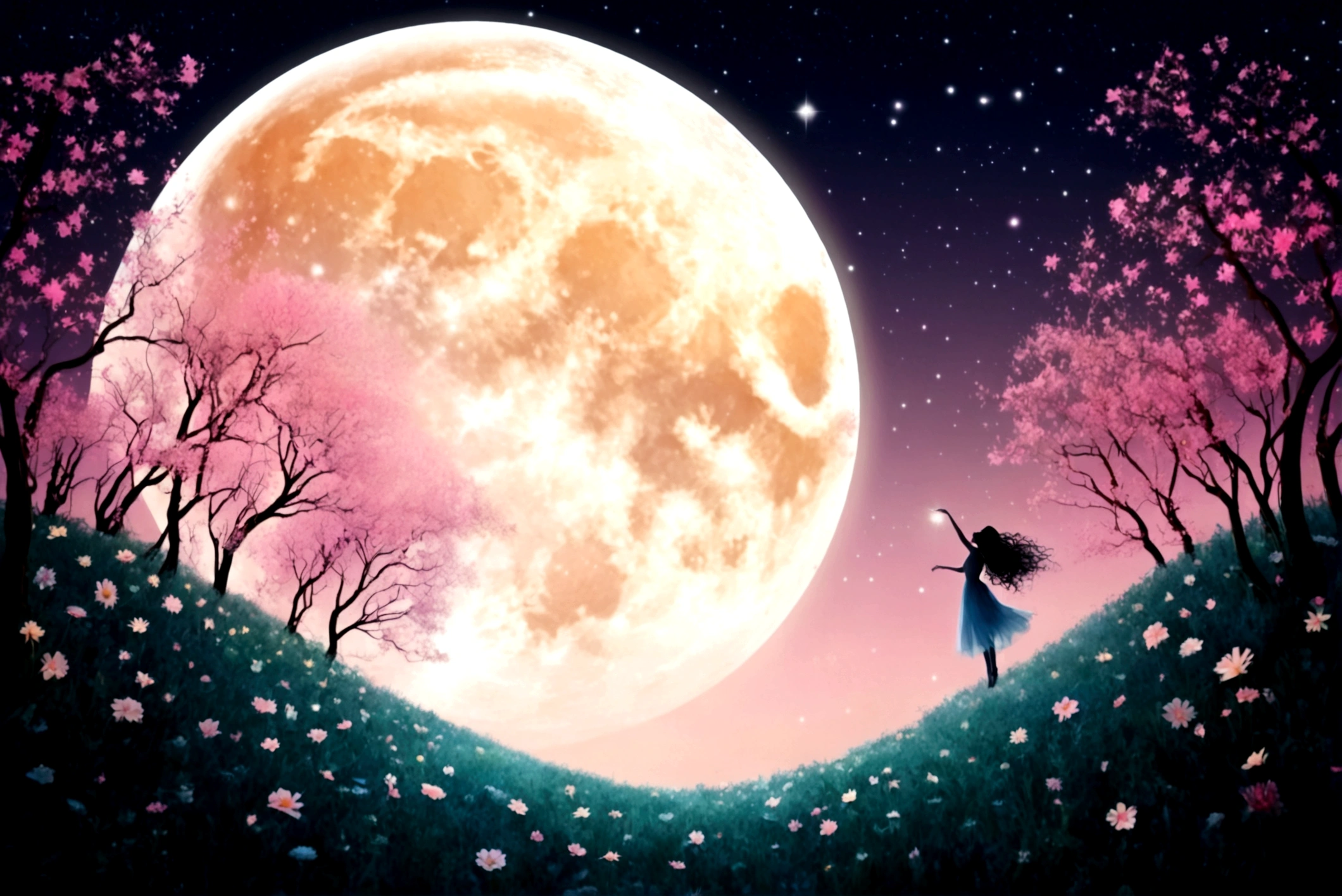 a fairy in a dreamlike night, whimsical fairytale background, dreamlike illustration, magical fairy background, pink moon, moonlit background, dreamy moonlit atmosphere, stars and moon themed, magical background, moon background, highly magical and dreamlike, magical dreamlike atmosphere, dreamlike art, dreamy detailed