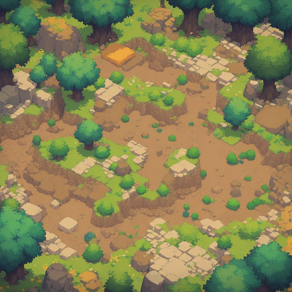 retro video game style,pixelated graphics,vibrant colors,8-bit characters,blocky shapes,sharp lines,detailed shading,classic gaming vibe,nostalgic atmosphere,classic arcade games,masterpiece:1.2,ultra-detailed,illustration style, 2d texture, clay texture, stone texture, 4 k seamless mud texture, video game texture, dirt texture, tileset, game tiles, clay material, flat texture, grass, trees, rock texture, rocky ground, forest, topdown view, game texture, game art, ground very detailed, dirt, floor texture, tileable texture, flowers, bushes, shrubs, intricate ground stone, top down view, 3/4th perspective