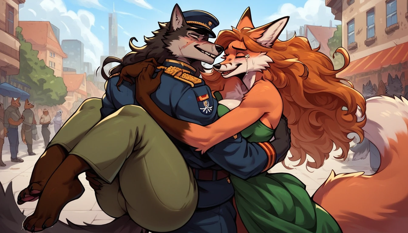 score_9, score_8_up, score_7_up, city, town park square, daytime, crowd on background, sunny, happy, joyful, love, reunion, face to face, (kissing:0.5)
((fox:1.2), anthro, female, dark brown fur, long flowing hair, beautiful, wearing a dress, crying tears of joy, hugging, being lifted, feet off the ground)
((wolf:1.2), anthro, male, black fur, (scars, wounds), (wearing a military uniform, pants and hat), strong, lifting, loving expression)