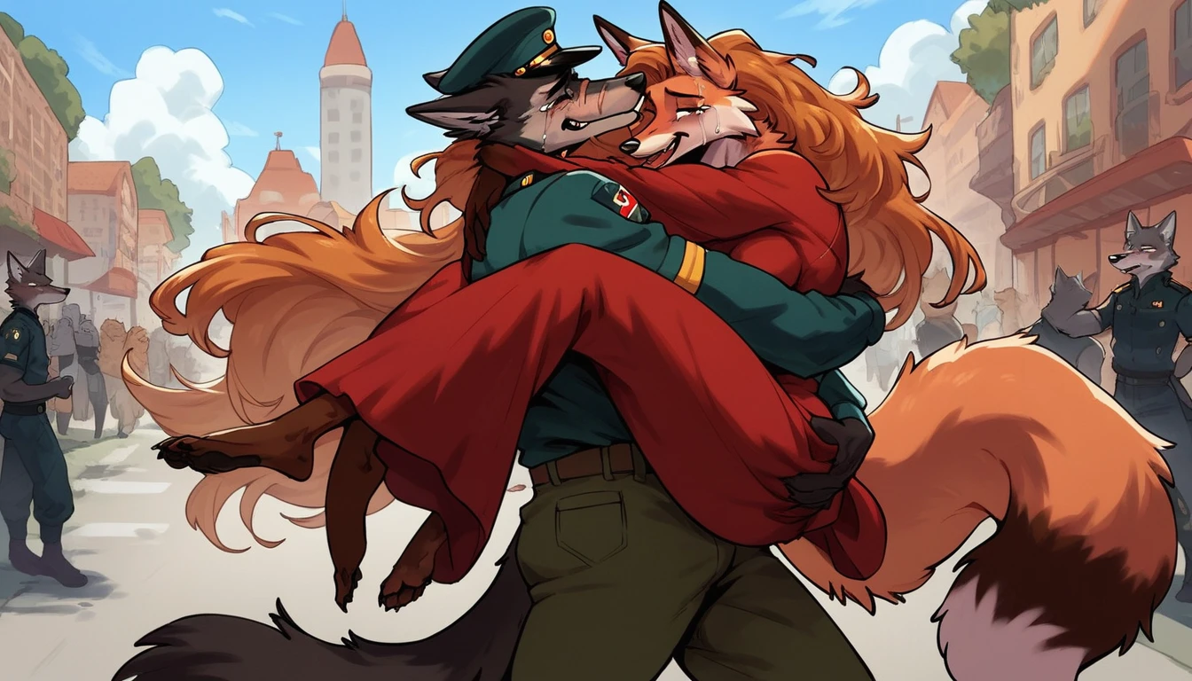 score_9, score_8_up, score_7_up, city, town park square, daytime, crowd on background, sunny, happy, joyful, love, reunion, face to face, (kissing:0.5)
((fox:1.2), anthro, female, dark brown fur, long flowing hair, beautiful, wearing a dress, crying tears of joy, hugging, being lifted, feet off the ground)
((wolf:1.2), anthro, male, black fur, (scars, wounds), (wearing a military uniform, pants and hat), strong, lifting, loving expression)