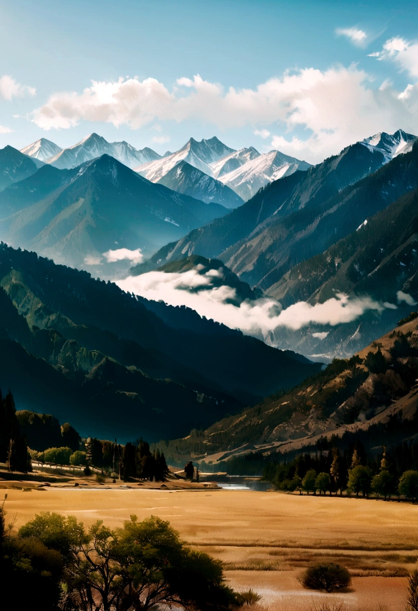 landscape with mountains, arroyo, Pins.clouds and a river