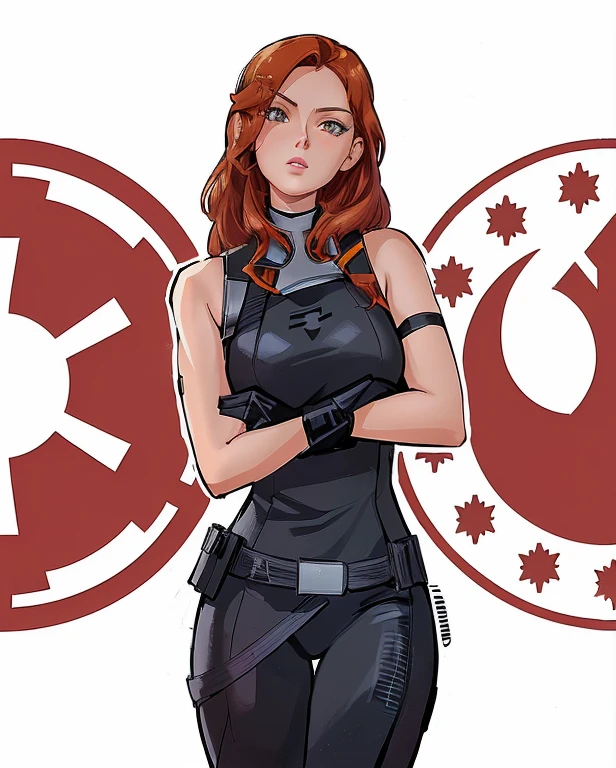 a cartoon of a woman in a black outfit with a star wars emblem, mara jade skywalker, mara jade, jaina solo, phil noto comicbook cover art, phil noto, phil noto comic art, inspired by Shog Janit, an imperial agent from star wars, solo female character, full color illustration, full color digital illustration, star wars character