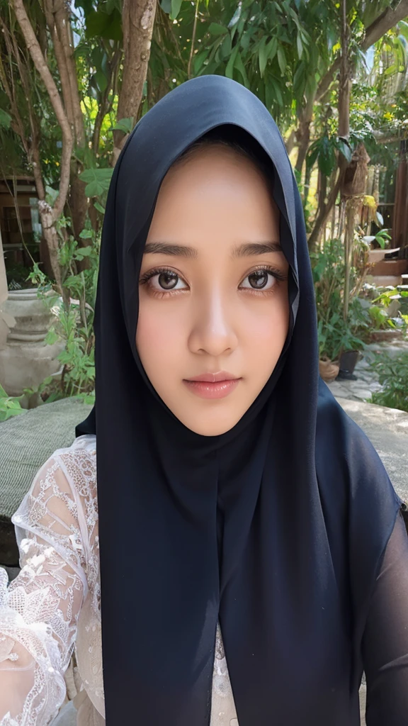 1 javanese girl , modern plain hijab, shy, medium portrait shot , watery eyes , glowing particles, wear pastel lingerie, light bokeh background, proportional body,