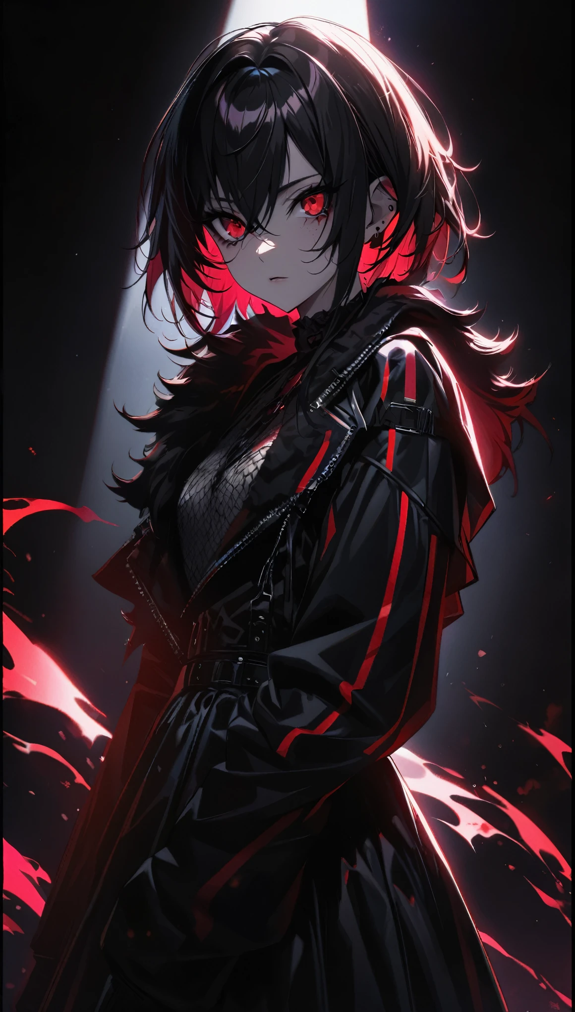 (masterpiece:1.0), (best_quality:1.0), ultra-high resolution, 4K, ultra-detailed, maki kun, solo, red eyes gleaming, black hair standing out, vibrant highlights, dramatic shadows, focused on the face, slightly angled, (dramatic lighting:1.2), (stunning:1.5), (strong contrast:1.3), manga-style, (eye-catching:1.2), (gothic:1.2), (vibrant:1.5), (emo aesthetic:1.3), (red and black theme)