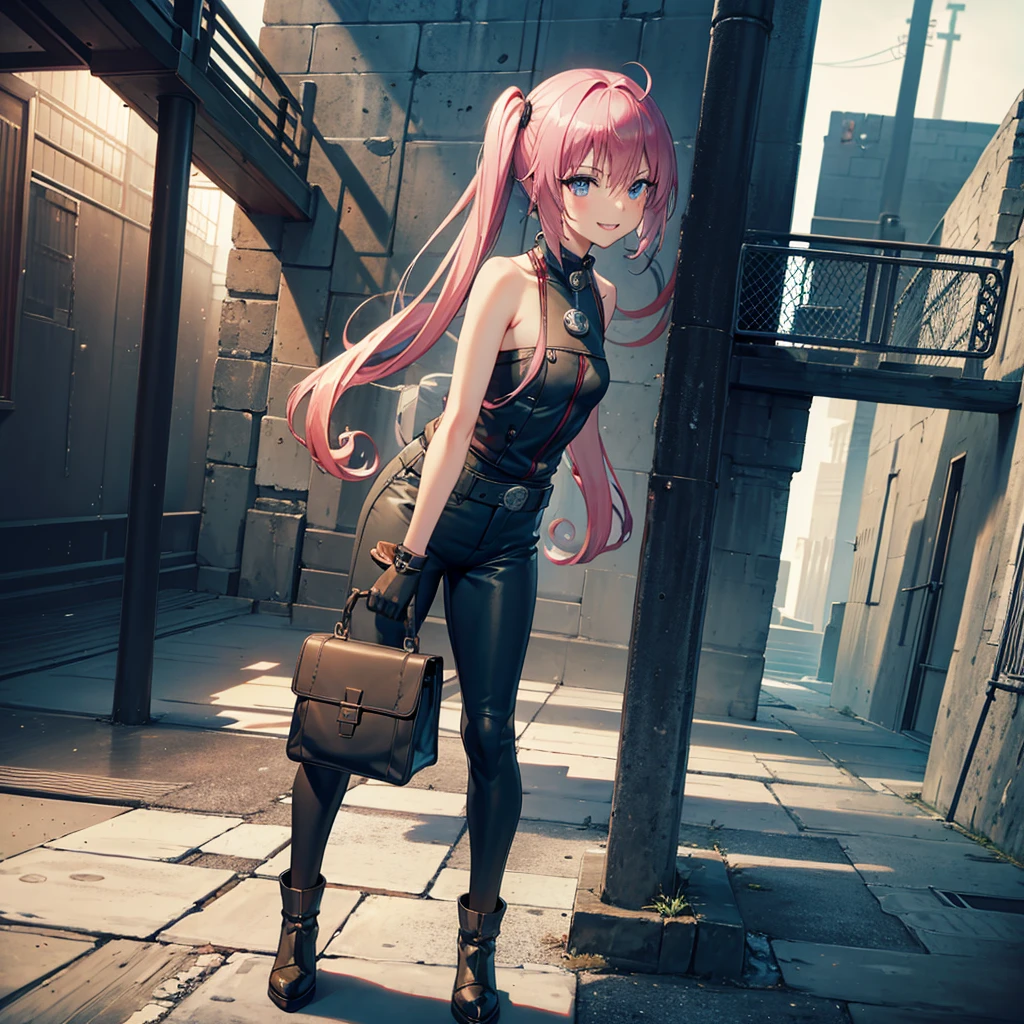 (masterpiece, best quality, detailed), 1girl, solo, looking at viewer, aanana, long hair, twintails, leather bandeau, leather cargo pants, gloves, indoors, ((prison)), stone wall, prison cell, bars, stone floor, dungeon, dark, chain, dutch angle, arms behind back, evil smile, blush, smile, parted lips, teeth