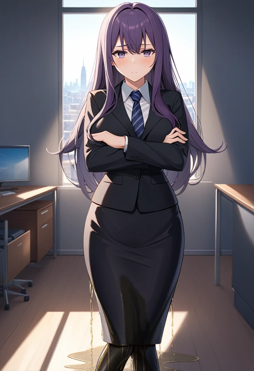 (masterpiece:1.37), best quality, (extremely detailed:1.37), office, window overlooking a bustling cityscape, woman, (mature:1.75), (adult:1.5), (very long hair:1.5), dark purple hair, purple eyes, (extremely detailed eyes:1.37), breasts, sunglasses, business suit, necktie, (very long pencil skirt:2.0), pantyhose, (wetting herself:1.5), standing straight, (desperation:1.5), full body day, daytime, glow, facing viewer, perfect composition, Perfect light and shadow, 8K, (arms crossed:1.5)