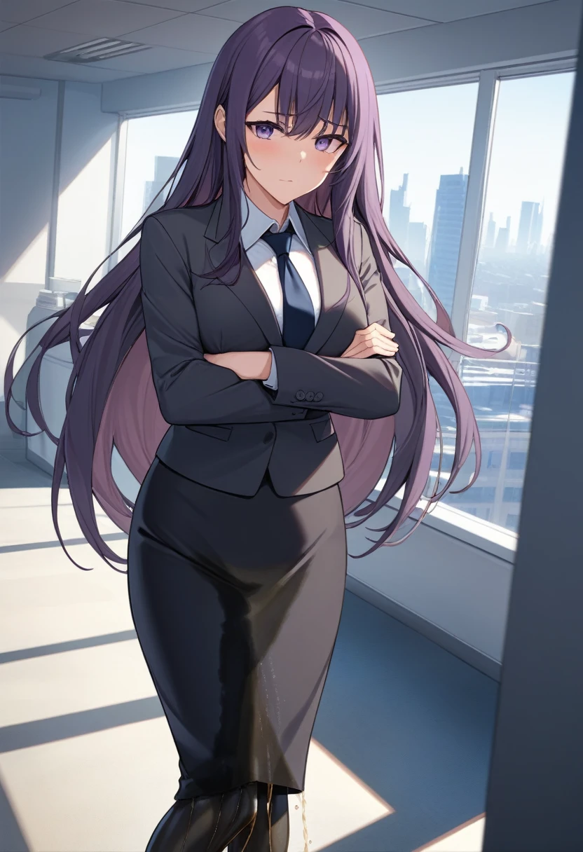 (masterpiece:1.37), best quality, (extremely detailed:1.37), office, window overlooking a bustling cityscape, woman, (mature:1.75), (adult:1.5), (very long hair:1.5), dark purple hair, purple eyes, (extremely detailed eyes:1.37), breasts, sunglasses, business suit, necktie, (very long pencil skirt:2.0), pantyhose, (wetting herself:1.5), standing straight, (desperation:1.5), full body day, daytime, glow, facing viewer, perfect composition, Perfect light and shadow, 8K, (arms crossed:1.5)