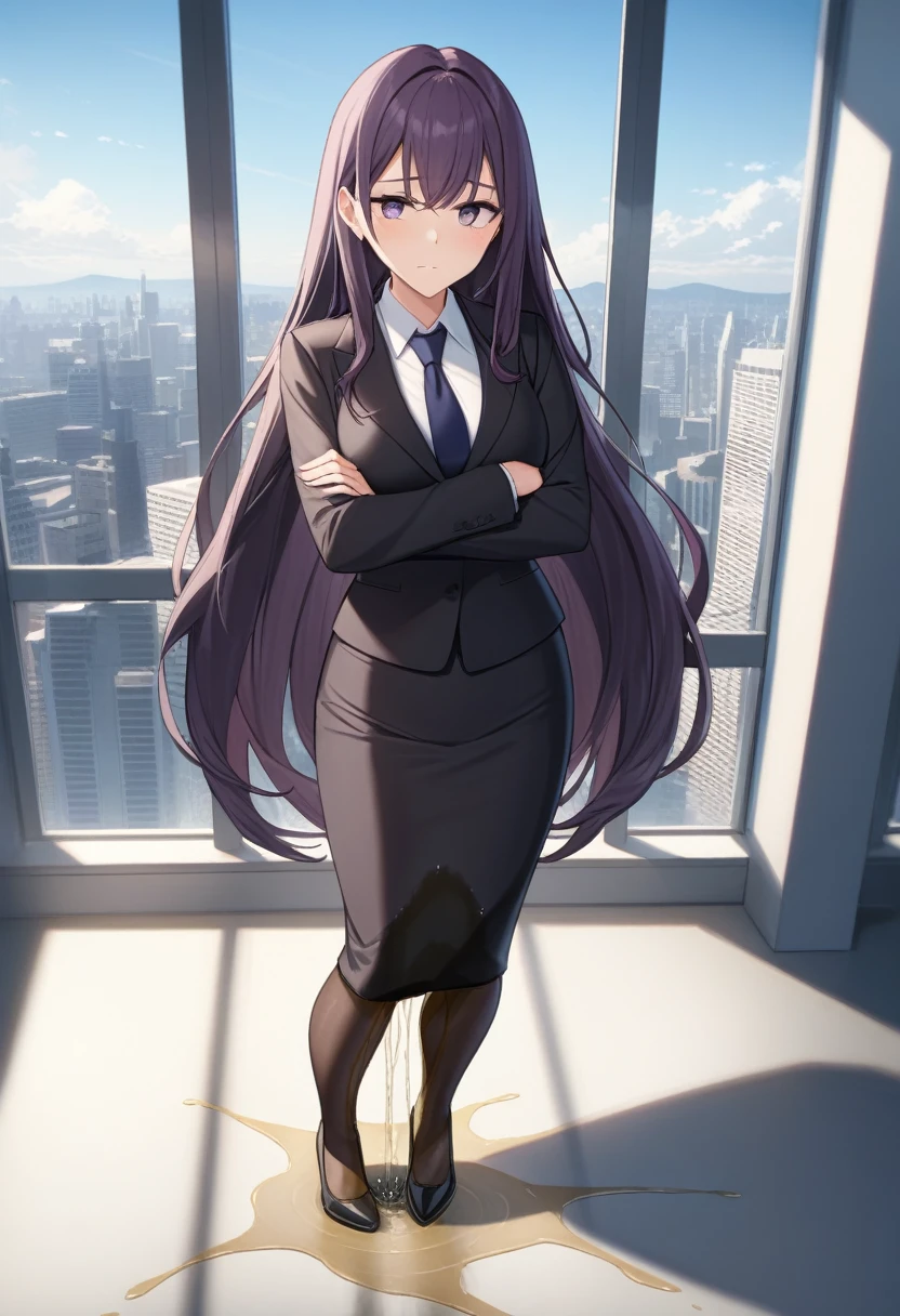 (masterpiece:1.37), best quality, (extremely detailed:1.37), office, window overlooking a bustling cityscape, woman, (mature:1.75), (adult:1.5), (very long hair:1.5), dark purple hair, purple eyes, (extremely detailed eyes:1.37), breasts, sunglasses, business suit, necktie, (very long pencil skirt:2.0), pantyhose, (wetting herself:1.5), standing straight, (desperation:1.5), full body day, daytime, glow, facing viewer, perfect composition, Perfect light and shadow, 8K, (arms crossed:1.5)