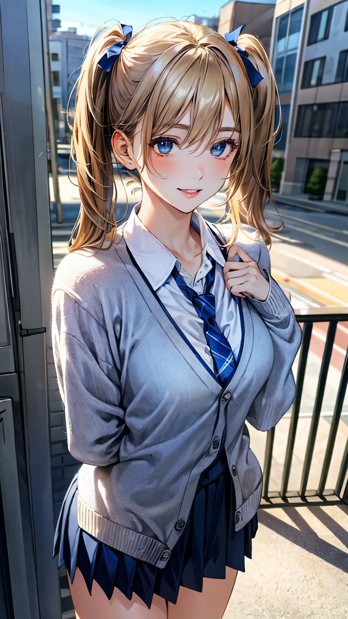 (masterpiece:1.3, top-quality, ultra high res, ultra detailed), (realistic, photorealistic:1.4), beautiful illustration, perfect lighting, natural lighting, colorful, depth of fields, ,
beautiful detailed hair, beautiful detailed face, beautiful detailed eyes, beautiful clavicle, beautiful body, beautiful chest, beautiful thigh, beautiful legs, beautiful fingers, shiny skin, 
looking at viewer, 1 girl, high school girl, (perfect anatomy, anatomically correct, super detailed skin), cute and symmetrical face, , perfect face, perfect eyes, , 
(long hair:1.4, twin tails:1.2, blonde hair), swept bangs, hair between eyes:0.6, blue eyes, big eyes, long eye lasher, (medium breasts, seductive thighs), slender, skin dendation, 
detailed cloth texture, (navy cardigan:1.2), break, white collared shirt, break, dark red tie, break, blue pleated skirt:1.2, break, 
(beautiful scenery), , evening, (cityscape:1.2), standing, hands on chest, (lovely smile, upper eyes, parted lips), 