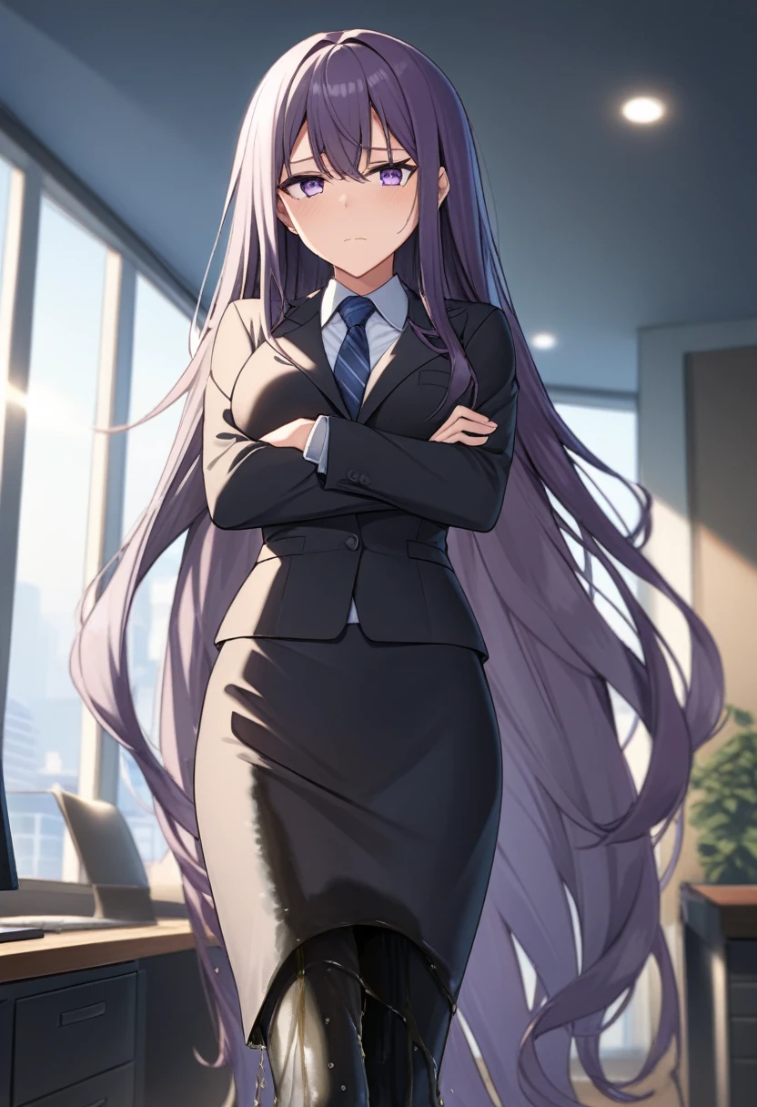 (masterpiece:1.37), best quality, (extremely detailed:1.37), office, window overlooking a bustling cityscape, woman, (mature:1.75), (adult:1.5), (very long hair:1.5), dark purple hair, purple eyes, (extremely detailed eyes:1.37), breasts, sunglasses, business suit, necktie, (very long pencil skirt:2.0), pantyhose, (wetting herself:1.5), standing straight, (desperation:1.5), full body day, daytime, glow, facing viewer, perfect composition, Perfect light and shadow, 8K, (arms crossed:1.5)