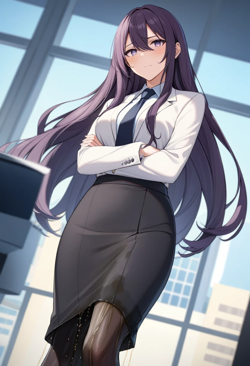 (masterpiece:1.37), best quality, (extremely detailed:1.37), office, window overlooking a bustling cityscape, woman, (mature:1.75), (adult:1.5), (very long hair:1.5), dark purple hair, purple eyes, (extremely detailed eyes:1.37), breasts, sunglasses, business suit, necktie, (very long pencil skirt:2.0), pantyhose, (wetting herself:1.5), standing straight, (desperation:1.5), full body day, daytime, glow, facing viewer, perfect composition, Perfect light and shadow, 8K, (arms crossed:1.5)