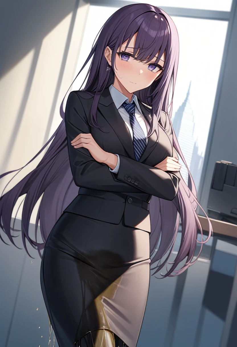 (masterpiece:1.37), best quality, (extremely detailed:1.37), office, window overlooking a bustling cityscape, woman, (mature:1.75), (adult:1.5), (very long hair:1.5), dark purple hair, purple eyes, (extremely detailed eyes:1.37), breasts, sunglasses, business suit, necktie, (very long pencil skirt:2.0), pantyhose, (wetting herself:1.5), standing straight, (desperation:1.5), full body day, daytime, glow, facing viewer, perfect composition, Perfect light and shadow, 8K, (arms crossed:1.5)