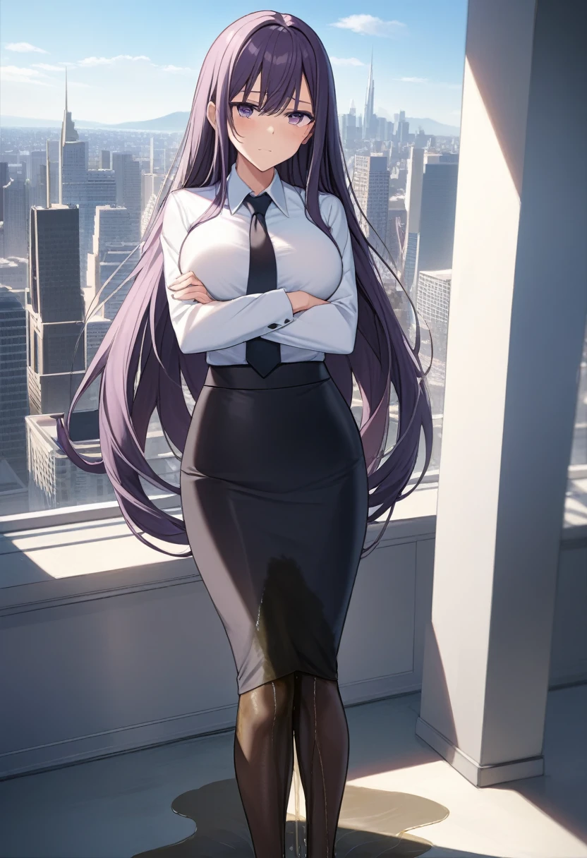 (masterpiece:1.37), best quality, (extremely detailed:1.37), office, window overlooking a bustling cityscape, woman, (mature:1.75), (adult:1.5), (very long hair:1.5), dark purple hair, purple eyes, (extremely detailed eyes:1.37), breasts, sunglasses, business suit, necktie, (very long pencil skirt:2.0), pantyhose, (wetting herself:1.5), standing straight, (desperation:1.5), full body day, daytime, glow, facing viewer, perfect composition, Perfect light and shadow, 8K, (arms crossed:1.5)