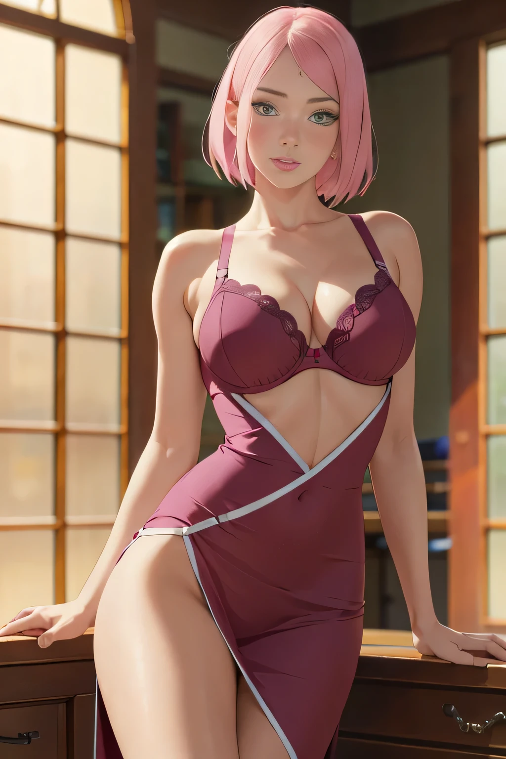 masterpiece, absurdities, sakura\(boruto\), 1 girl, Alone,mature woman, Detailed pink bra lenjerie, Detailed pink thong lenjerie, wearing a sexy deep purple big dress, open purple dress, open clothing), perfect composition, Detailed lips, mama, beautiful face, body proportion, blush, (pink lips), short hair,  green eyes,  soft look,  super realistic, Detailed, Photoshoot, realistic face and body, thighs, whole body, erotic pose, provocative pose, waiting sex pose