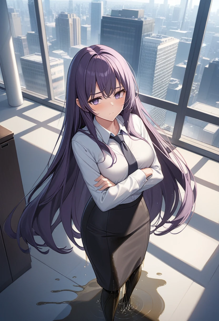 (masterpiece:1.37), best quality, (extremely detailed:1.37), office, window overlooking a bustling cityscape, woman, (mature:1.75), (adult:1.5), (very long hair:1.5), dark purple hair, purple eyes, (extremely detailed eyes:1.37), breasts, sunglasses, business suit, necktie, (very long pencil skirt:2.0), pantyhose, (wetting herself:1.5), standing straight, (desperation:1.5), full body day, daytime, glow, facing viewer, perfect composition, Perfect light and shadow, 8K, (arms crossed:1.5)