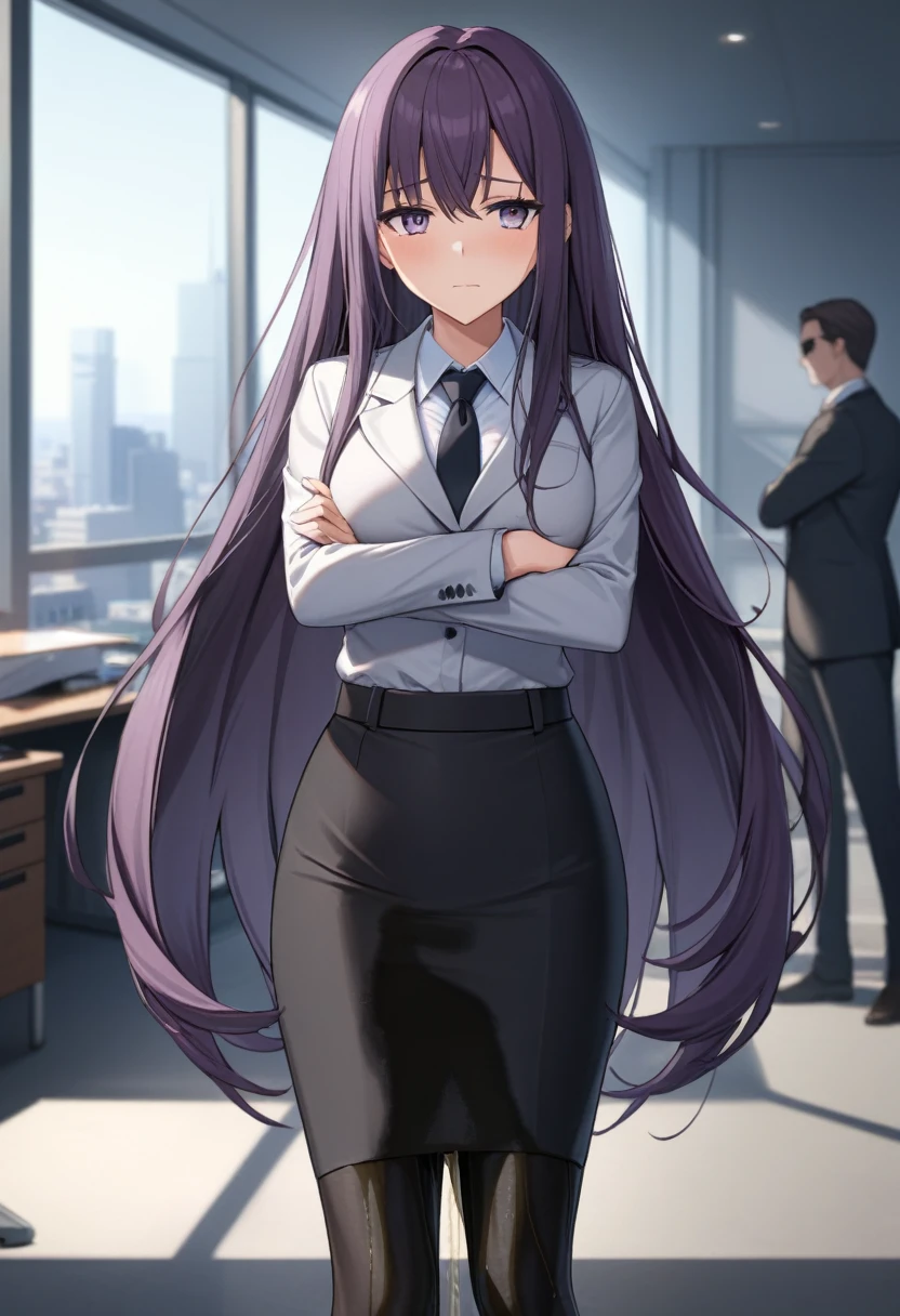 (masterpiece:1.37), best quality, (extremely detailed:1.37), office, window overlooking a bustling cityscape, woman, (:1.75), (adult:1.5), (very long hair:1.5), dark purple hair, purple eyes, (extremely detailed eyes:1.37), breastlasses, business suit, necktie, (very long pencil skirt:2.0), pantyhose, (wg herself:1.5), standing straight, (desperation:1.5), full body day, daytime, glow, facing viewer, perfect composition, Perfect light and shadow, 8K, (arms crossed:1.5)