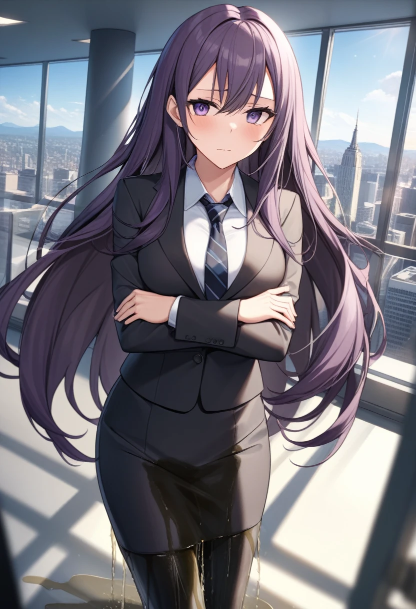 (masterpiece:1.37), best quality, (extremely detailed:1.37), office, window overlooking a bustling cityscape, woman, (mature:1.75), (adult:1.5), (very long hair:1.5), dark purple hair, purple eyes, (extremely detailed eyes:1.37), breasts, sunglasses, business suit, necktie, (very long pencil skirt:2.0), pantyhose, (wetting herself:1.5), standing straight, (desperation:1.5), full body day, daytime, glow, facing viewer, perfect composition, Perfect light and shadow, 8K, (arms crossed:1.5)