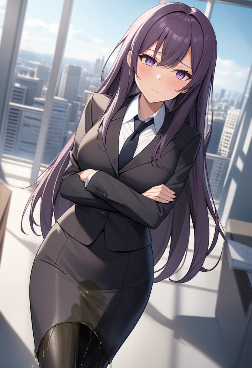 (masterpiece:1.37), best quality, (extremely detailed:1.37), office, window overlooking a bustling cityscape, woman, (mature:1.75), (adult:1.5), (very long hair:1.5), dark purple hair, purple eyes, (extremely detailed eyes:1.37), breasts, sunglasses, business suit, necktie, (very long pencil skirt:2.0), pantyhose, (wetting herself:1.5), standing straight, (desperation:1.5), full body day, daytime, glow, facing viewer, perfect composition, Perfect light and shadow, 8K, (arms crossed:1.5)