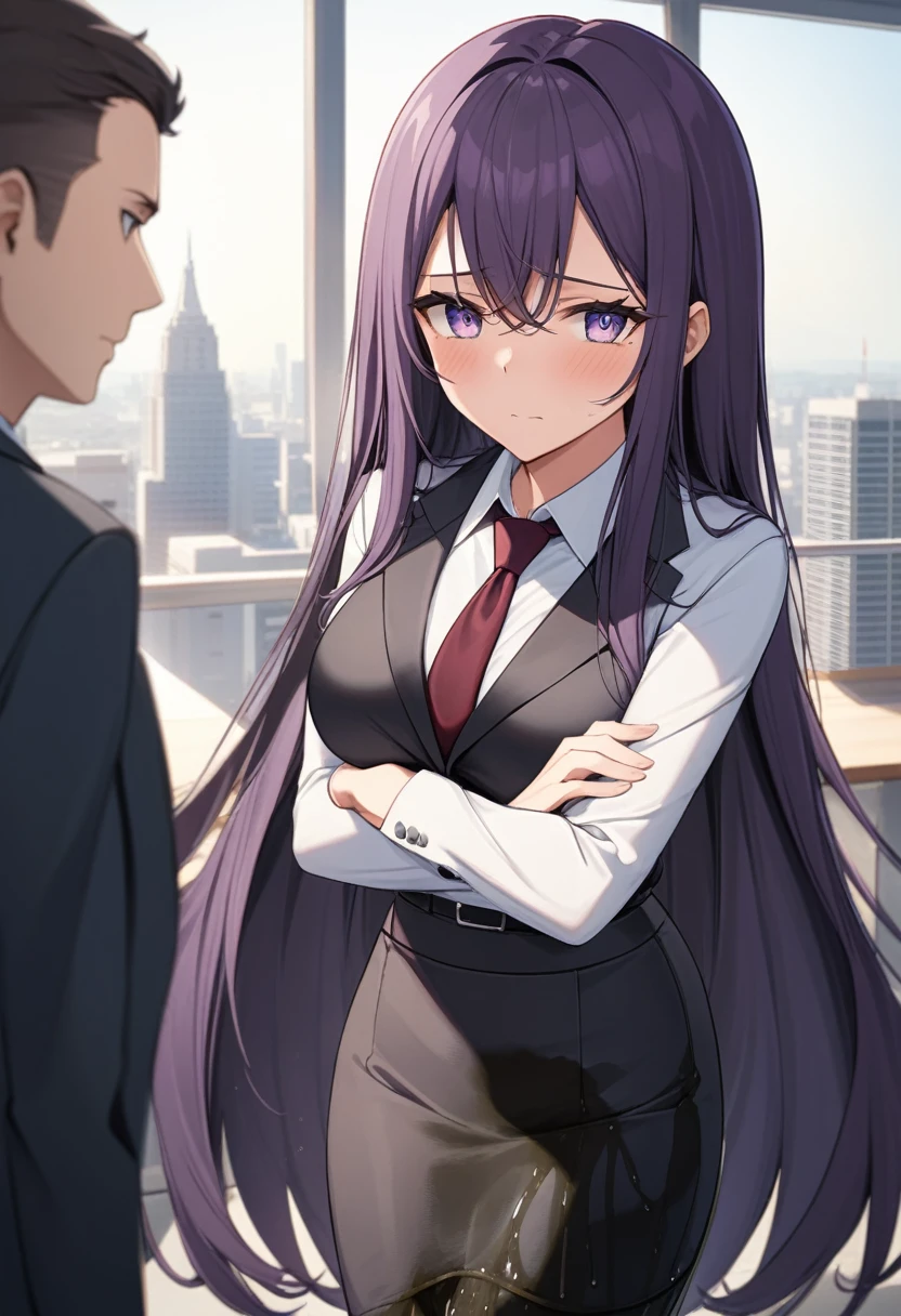 (masterpiece:1.37), best quality, (extremely detailed:1.37), office, window overlooking a bustling cityscape, woman, (mature:1.75), (adult:1.5), (very long hair:1.5), dark purple hair, purple eyes, (extremely detailed eyes:1.37), breasts, sunglasses, business suit, necktie, (very long pencil skirt:2.0), pantyhose, (wetting herself:1.5), standing straight, (desperation:1.5), full body day, daytime, glow, facing viewer, perfect composition, Perfect light and shadow, 8K, (arms crossed:1.5)