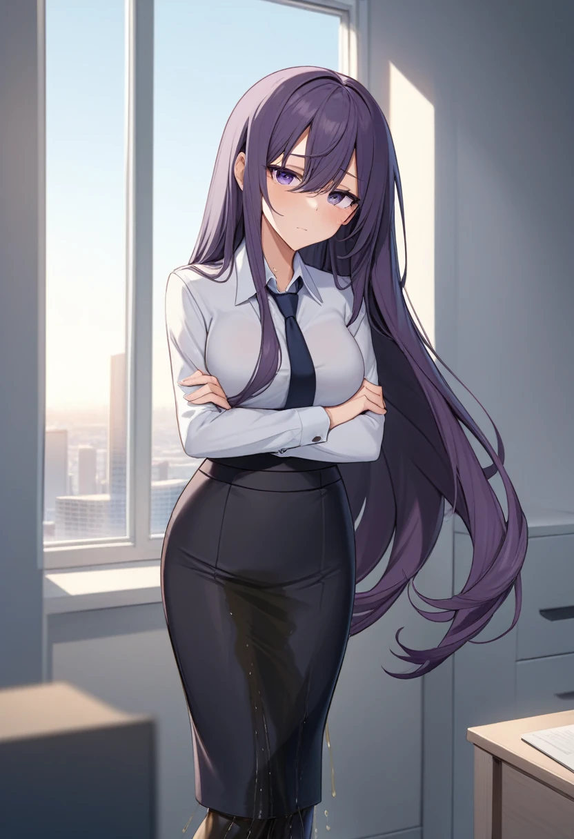 (masterpiece:1.37), best quality, (extremely detailed:1.37), office, window overlooking a bustling cityscape, woman, (mature:1.75), (adult:1.5), (very long hair:1.5), dark purple hair, purple eyes, (extremely detailed eyes:1.37), breasts, sunglasses, business suit, necktie, (very long pencil skirt:2.0), pantyhose, (wetting herself:1.5), standing straight, (desperation:1.5), full body day, daytime, glow, facing viewer, perfect composition, Perfect light and shadow, 8K, (arms crossed:1.5)