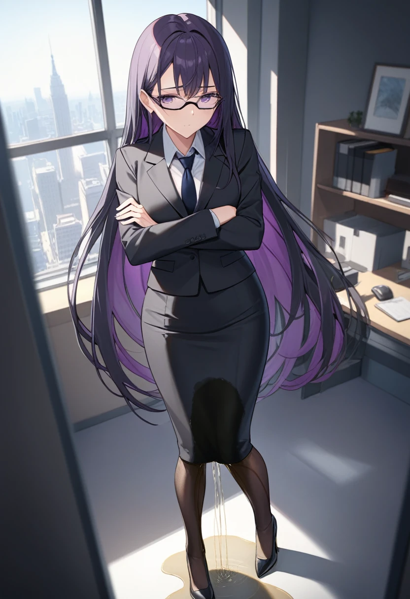 (masterpiece:1.37), best quality, (extremely detailed:1.37), office, window overlooking a bustling cityscape, woman, (mature:1.75), (adult:1.5), (very long hair:1.5), dark purple hair, purple eyes, (extremely detailed eyes:1.37), breasts, sunglasses, business suit, necktie, (very long pencil skirt:2.0), pantyhose, (wetting herself:1.5), standing straight, (desperation:1.5), full body day, daytime, glow, facing viewer, perfect composition, Perfect light and shadow, 8K, (arms crossed:1.5)