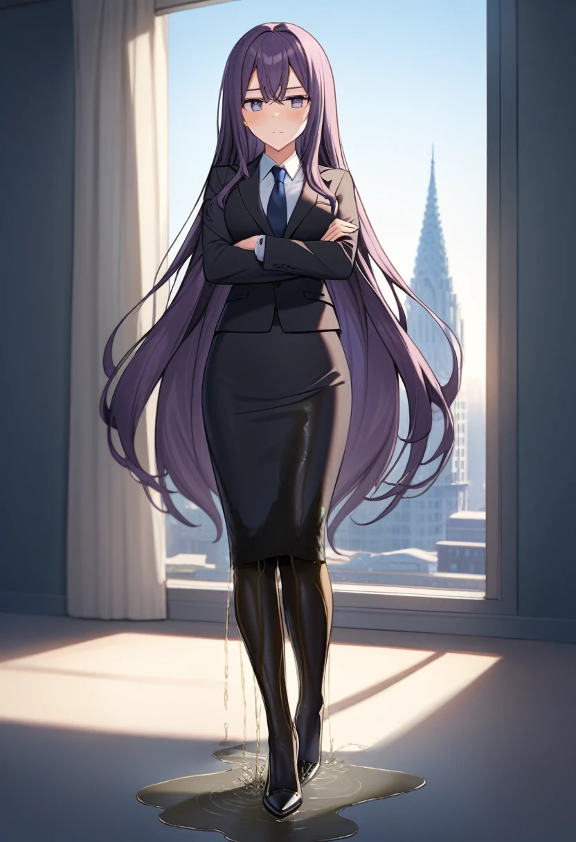 (masterpiece:1.37), best quality, (extremely detailed:1.37), office, window overlooking a bustling cityscape, woman, (mature:1.75), (adult:1.5), (very long hair:1.5), dark purple hair, purple eyes, (extremely detailed eyes:1.37), breasts, sunglasses, business suit, necktie, (very long pencil skirt:2.0), pantyhose, (wetting herself:1.5), standing straight, (desperation:1.5), full body day, daytime, glow, facing viewer, perfect composition, Perfect light and shadow, 8K, (arms crossed:1.5)