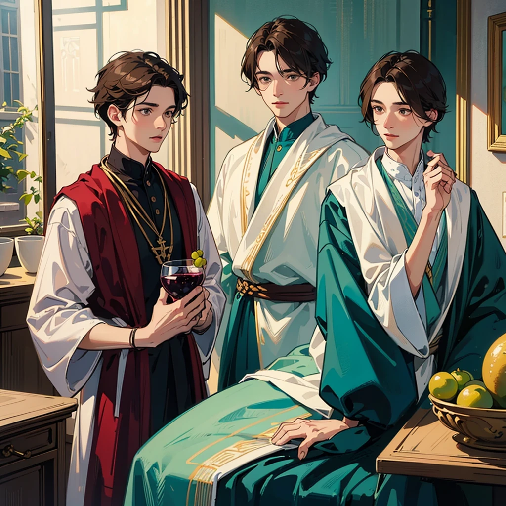 2males, ((twins)), male focus, short brown hair, brown eyes, (((detailed faces))), white greek robes, teal and navy accents, cute, pretty faces, ancient bedroom, wine, grapes