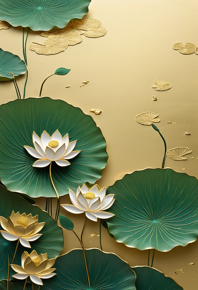 lotus,Lotus Leaf,pond,Distributed in the lower half of the screen,Summer Solstice Theme,Chinese embroidery craft,Gold plating,Flowing gold,Minimum Color Gamut,Hand Painted,blank,Organic form,Simple background,Magnificent and noble,