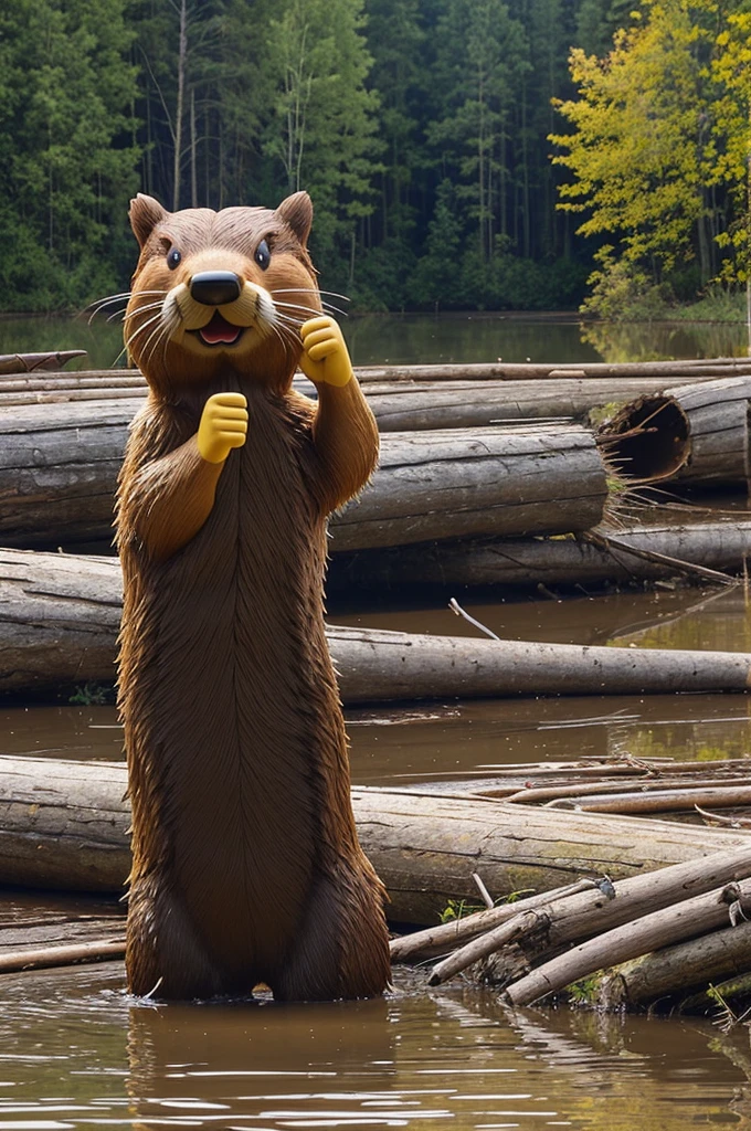 Realistic Beaver photo, funny cartoonish style, yellow hard hat, showing thumbs up, forest river in the background with a beaver dam, one funny beaver photo