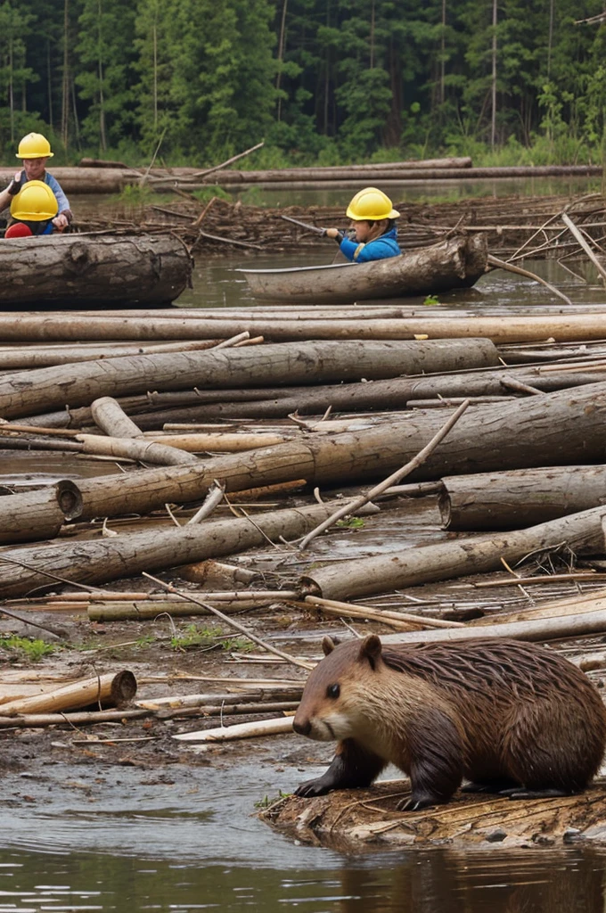 Realistic Beaver photo, funny cartoonish style, yellow hard hat, showing thumbs up, forest river in the background with a beaver dam, one funny beaver photo