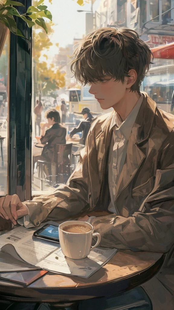 high quality, amount of drawing, pixiv illustration, A scene depicting a man with short beard, sitting by the window in an early morning café. He is intently gazing at his coffee cup, enjoying the gentle morning light. The young man is dressed in a refined style, with a clean-cut hairstyle, wearing a stylish blazer and shirt. Beside him, there’s an unread newspaper and a smartphone. Outside the café window, people are bustling about, starting their day, as the city gradually comes to life. This scene captures the essence of a new day’s beginning, savoring a quiet morning moment with a man